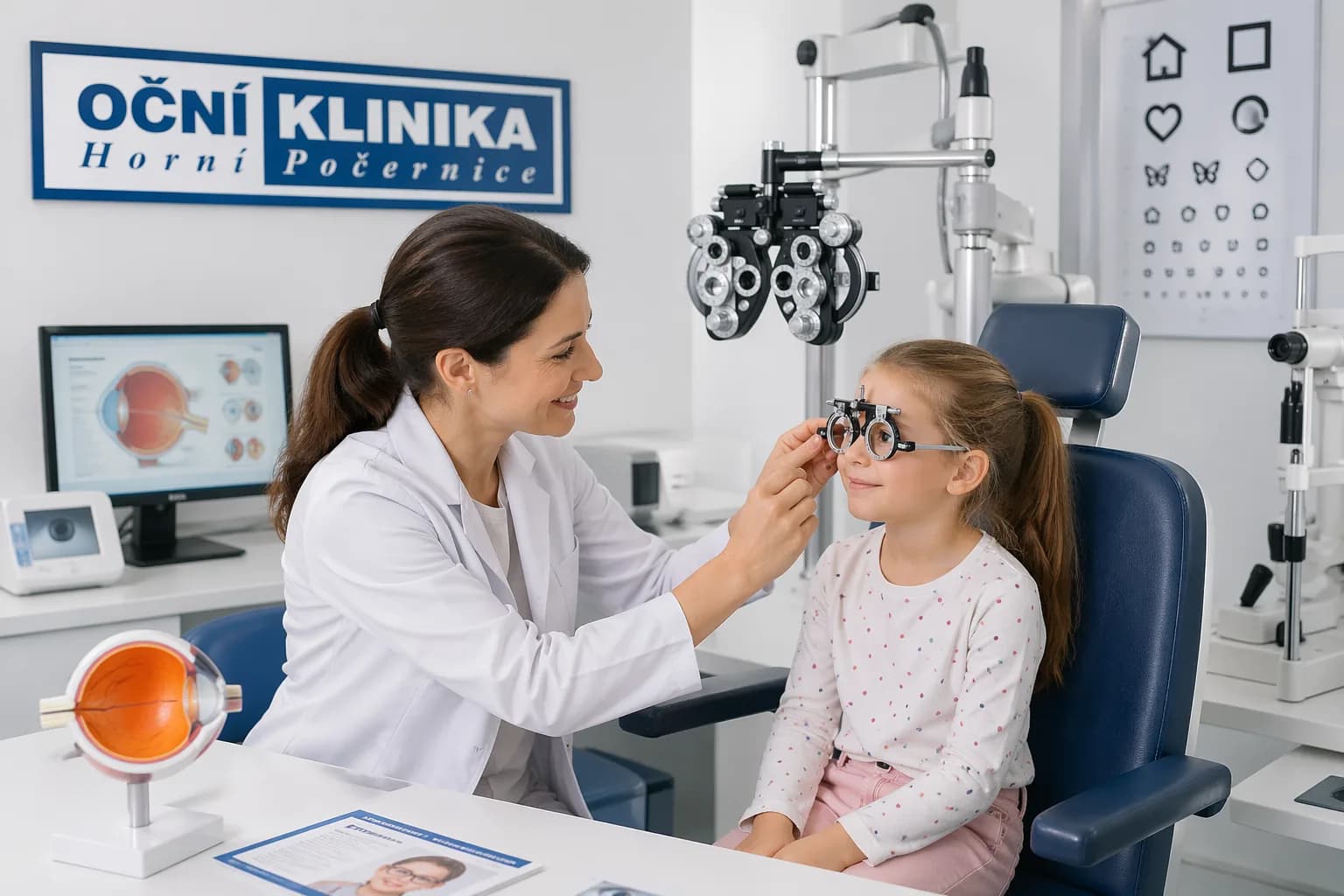Dětská oční lékařka při vyšetření malé pacientky na foroptru v ordinaci Oční kliniky Horní Počernice
