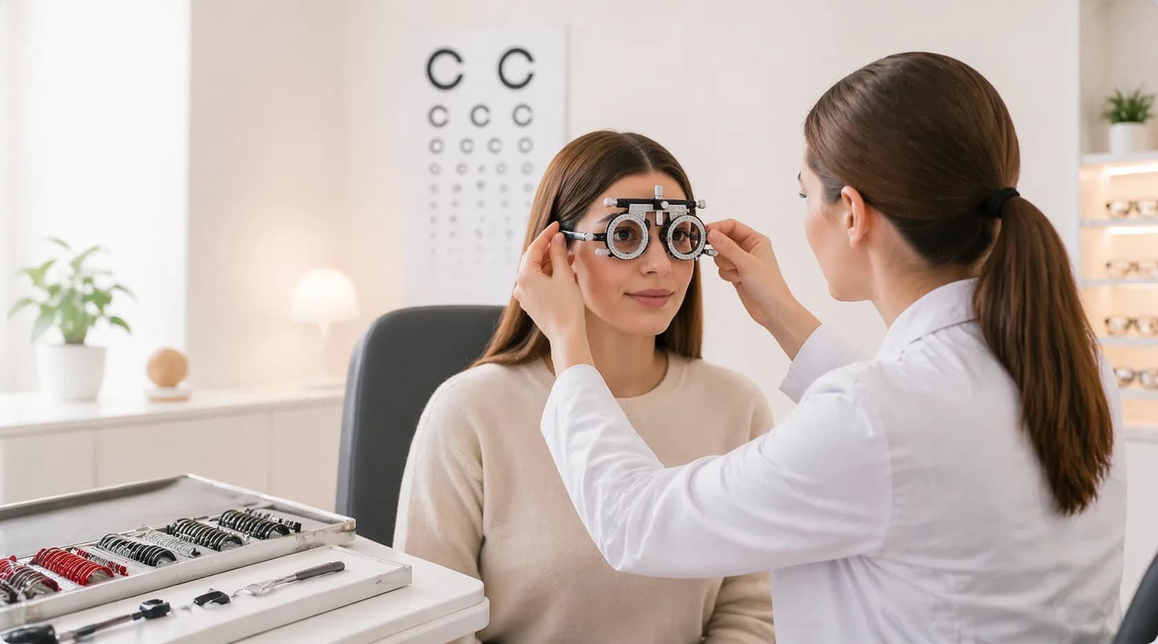 Optometristka při měření zraku zákaznice na zkušební obrubě