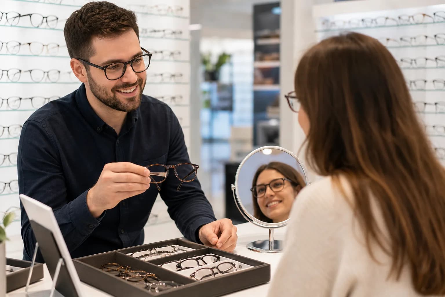Optik OOHP s klientem v ordinaci — konzultace výběru skel a obruby podle rozpočtu