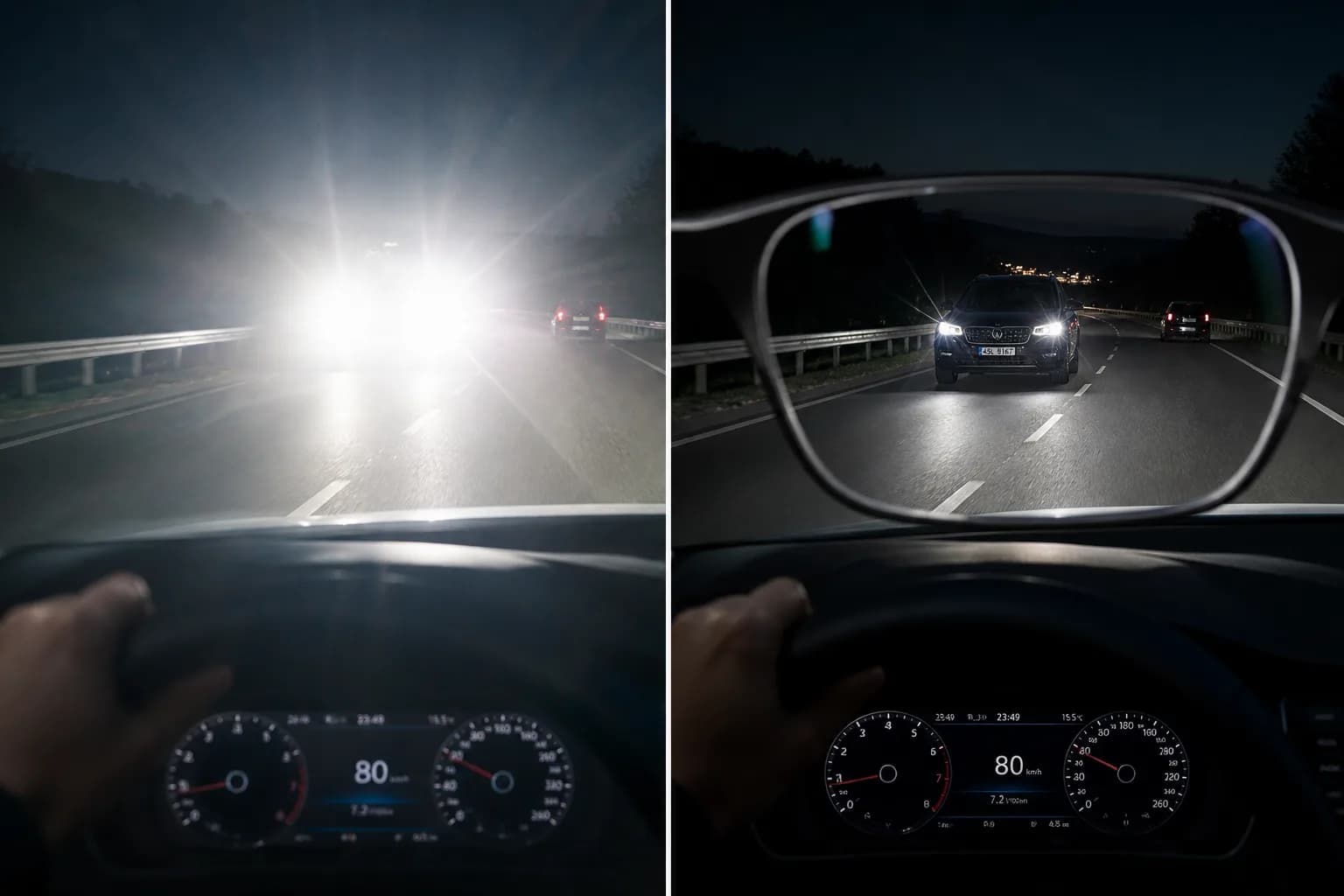 Pohled řidiče za volantem v noci — biometrické brýle redukují oslnění od xenonových světel a vysokých SUV