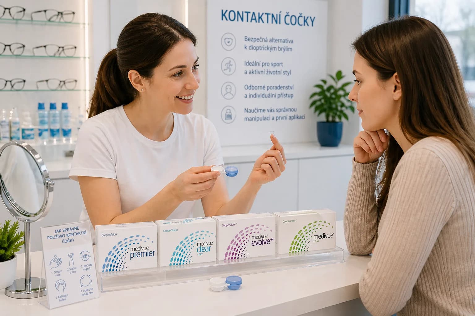 Optometristka aplikuje kontaktní čočku zákaznici v naší pobočce